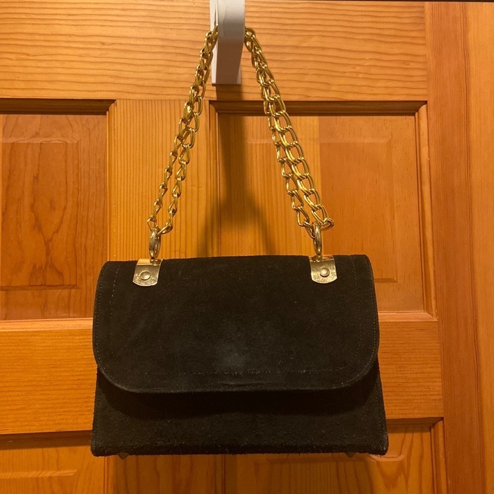 Vintage Classic Black Suede Mini Shoulder Bag with Gold Chain